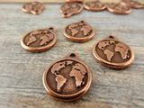 Earth Charms TierraCast Double Sided Drop Pendants, Antique Copper, Planet Earth with Continents, Earth Drop, Tierra Cast, Earth Day Charms,