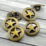 TEXAS STAR Metal Buttons, Antique Brass Button, 5/8" Five Pointed Star 15mm, Qty 4 to 24, For Leather Wrap Clasps, Western Cowboy Clothing