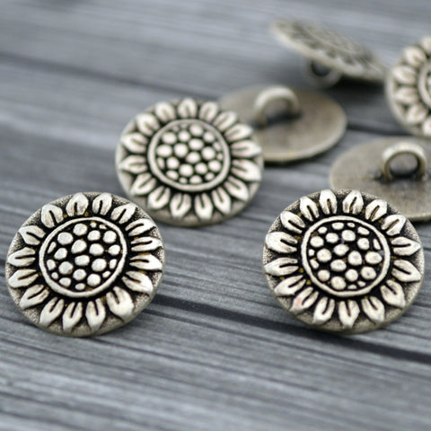 SUNFLOWER Buttons Antique Silver, Sun Flower Metal Button 11/16” / Qty 4 to 8 / 17mm /Great Leather Wrap Clasp, Clothing