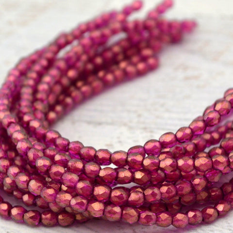 HALO MADDER ROSE Faceted Round Beads /Firepolished /3mm Czech Glass Bead Qty 50 Fire Polish Facet Transparent Pink with Gold Finish
