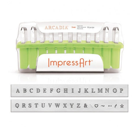 ImpressArt ARCADIA Uppercase Metal Stamping Kit, 3mm Alphabet Stamps,  Impress Art Upper Case Plus NEW Bonus Design Stamps