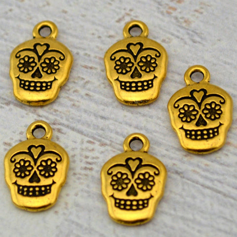 TierraCast SUGAR SKULL Charms, Antique Gold, Qty 4 to 20 Day of the Dead or Halloween Gothic Charms Tierra Cast