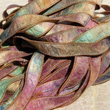 Watercolor Silk Ribbons Hand Dyed Sewn 5 Strings Tan Pink Blue Green Purple