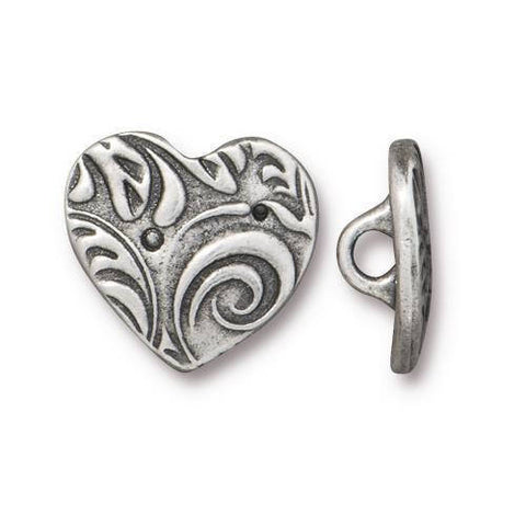 TierraCast Buttons, AMOR HEART Buttons, Antique Silver Metal Button 14mm Qty 4 to 20, Shank Back, Swirly Heart Leather Wraps