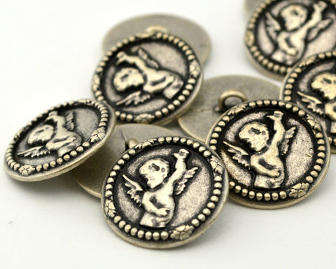 Angel Buttons Antique Silver, Baby Cherub Angel Button 7/8" Qty 4 to 12, 17mm Jewelry Findings, Great Leather Wrap Clasp, Clothing Button