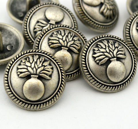 Flower Vase Buttons, Antique Silver Metal Buttons, 7/8” Qty 4 to 12, 23mm Leather Wrap Clasp, Sweater Jacket Blazer Button