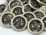 BUTTERCUP FLOWER Buttons, Antique Silver Metal Button, 15mm Qty 4 Pierced Shank Back, 5/8" Leather Wrap Clasps or Clothing