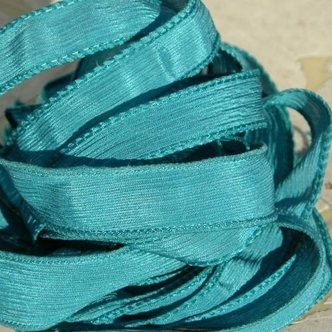 TEAL Dark, 5 Silk Ribbons Hand-Dyed and Sewn Jewelry Strings Green Blue, Gorgeous Sea Green