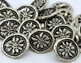 OLIVIA Buttons, Antique Silver OVAL Flower Metal Button, 15mm Qty 4 Pierced Shank Back, 5/8" Leather Wrap Clasps or Clothing