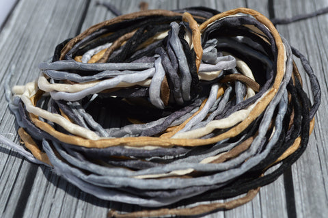 BLACK and TAN Silk Cords, Assortment 2mm to 3mm Hand Dyed Hand Sewn Cording Bulk 10 to 50 Strings, Black, Grays, Tan Ivory, Ecru