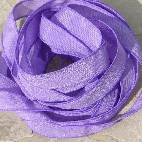 Lilac crinkle silk ribbons - Qty 5 hand dyed silk strings in a light purple - craft ribbon stringing supplies - silk wrap bracelets