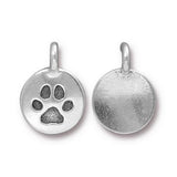 TierraCast PAW PRINT Charms, Antique Silver Tiny Round Pendants, Qty 4 to 20, 16.6mm Dog Paw Drops / Cat Paw Charms