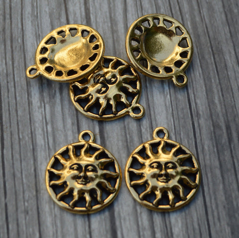 TierraCast SUNSHINE Drops, 19mm, Antique Gold, Qty 4 to 20, Sun Face Charms, Pewter Pendants