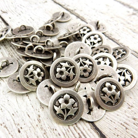 PETUNIA Metal Buttons 5/8" Antique Silver, Qty 4 Flower Shank Button, For Leather Wrap Clasps, Sweater or Jackets or other Clothing
