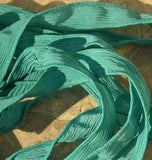 TEAL GREEN Silk Ribbons, Crinkle Silk Ribbon,  Hand Dyed, Qty 5 Jamnglass Ribbons, Jewelry Making Craft Ribbon