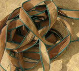 BELOVED Silk Ribbons Hand-Dyed Sewn 5 Brown Strings, Great Bracelet Wraps, Jewelry or Craft Ribbon