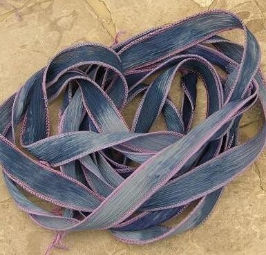 HELLO Blue Silk Ribbons Qty 5, Hand Dyed Sewn Faded BlUE JEAN Stonewashed Color Strings, Blue Ribbon Bracelet Wraps Necklace Ties or Crafts