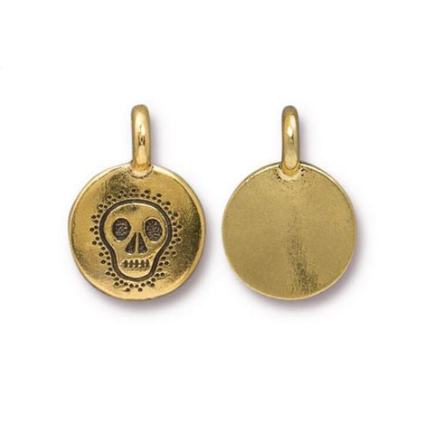 TierraCast SKULL Charms, Antique GOLD, Skully Round Halloween Goth Pendants, Qty 4 to 20 Tiny Drops, 16.6mm, Bohemian Yoga Charm