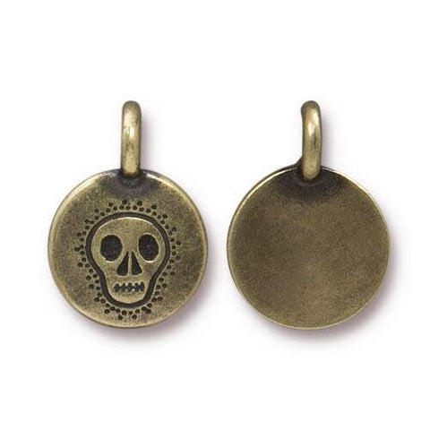 TierraCast Skull Charms, Antique Brass, 16.6mm Round Charm, Bronze Skully Skeleton Face Pendants, Qty 4 to 20, 16.6mm, Yoga Wrap Charms