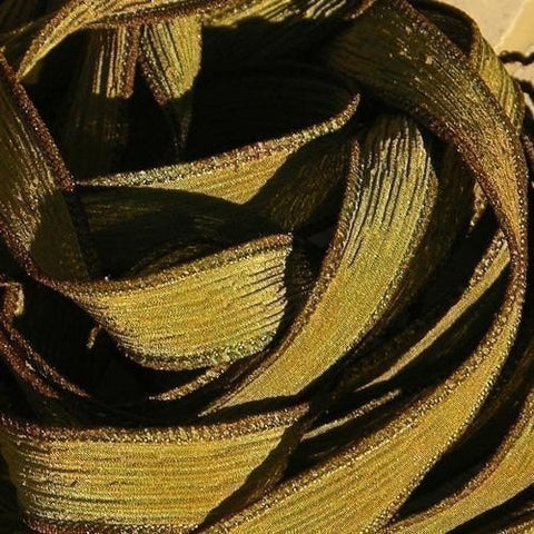 DARK OLIVE GREEN Silk Ribbons Hand-Dyed and Sewn 5 Strings Strands Army, Great for Silk Bracelet Wraps, Necklaces, Jewelry and Crafts
