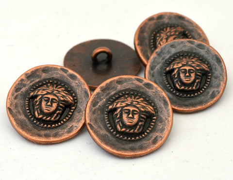 Emperor Buttons, Antique Copper Metal, 15mm 5/8" Qty 4 to 8, Ethnic Tribal Clothing Button, Sweater and Yoga Wrap Clasps