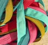 FIESTA Hand Dyed Silk Ribbon Assortment Red Turquoise Chartreuse Pink, Great for Silk Wraps and Necklaces