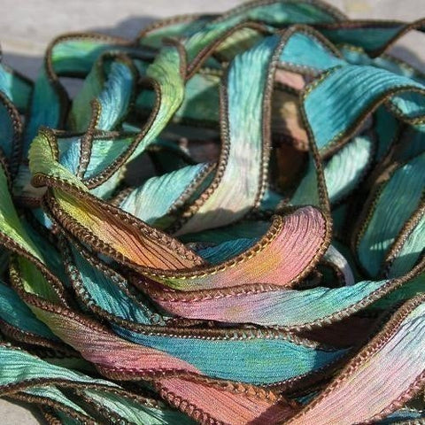Hand Dyed Silk Ribbon Qty 5 Bracelet Wraps, SUMMER SIZZLE Watercolor Strings Crinkle Silk Ribbons Handmade Ribbons for Jewelry and Crafts