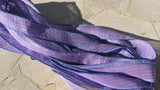 Mystic Lilac silk ribbons - Qty 5 hand dyed and sewn silk strings in sheer misty gray lilac with silver metallic pinstripe