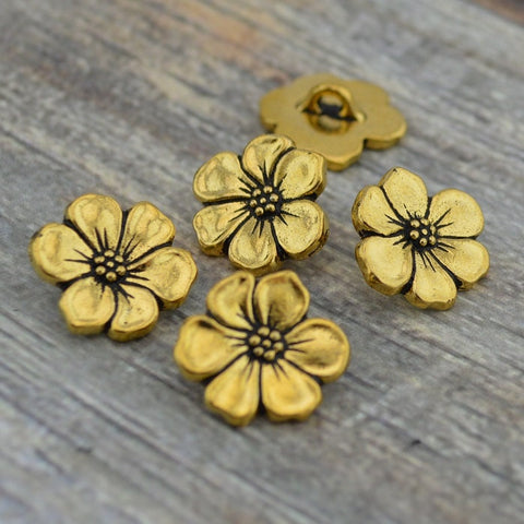 Apple Blossom Buttons, TierraCast Antique Gold Metal, 16mm Qty 4 to 20, Flower Buttons, Jewelry Findings Leather Wrap Bracelet Flower Clasps