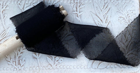 Black Silk Ribbon, Raw Edge Hand Ripped Sheer Ribbons Hand Dyed 2" x 3 Yards Wedding Decor, Bridal Flower Bouquet Trim Wrap Bracelets