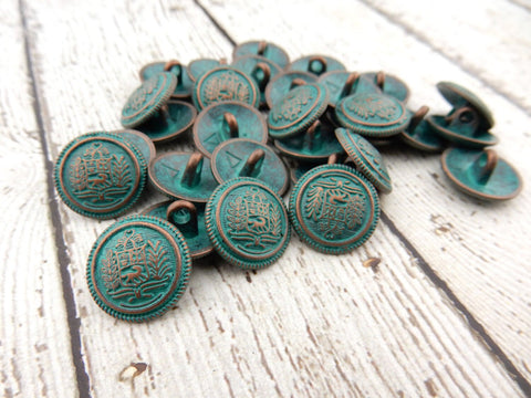 Tapestry Buttons 5/8" - Metal Buttons - Antique Copper w/ Verdigris Green Patina Royal Crest 15mm - Sweater Blazer Button - Leather Findings