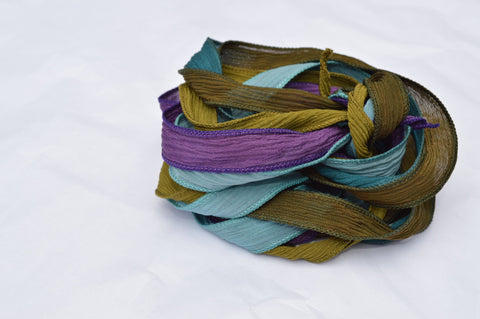 Olive Branch Silk Ribbon Assortment Qty 5 Ribbons Jewel Tones, Hand Dyed Crinkle Silk Crafters Gift Avocado Purple Olive Teal Dark Turquoise