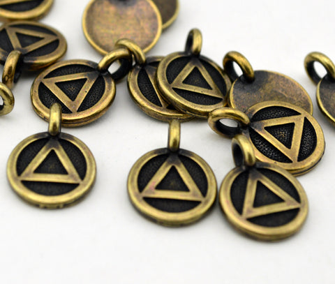 TierraCast RECOVERY SYMBOL Charms, Antique Brass Tiny Round Pendants, Qty 4 to 20, Addiction Symbol Tags, Jewelry Tags, 16.6mm Small Circles