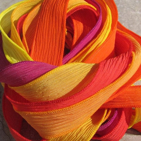 CHILI PEPPERS Hand Dyed and Sewn Silk Ribbon Assortment 6 Ribbons Coral Orange Sunflower Fuchsia Yellow Orange Gold, Great Wraps or Crafts