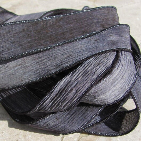 Stone Strings Hand Dyed and Sewn Silk Ribbons / Quantity 5 Strands / Gray Black Ties / Handmade Ribbon / Handfasting Ribbon Kumihimo Braids
