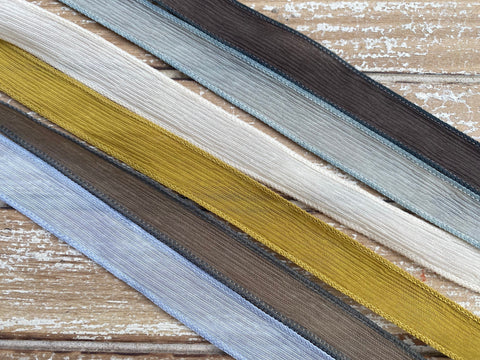 BOHO NEUTRALS Hand Dyed Silk Ribbons Urban Fall Color Palette Assortment Qty 6 Silk Strings Crinkle Silk, Honey Mustard Brown and Gray