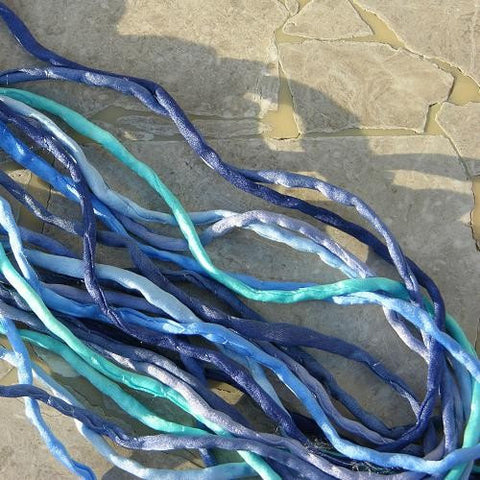 BLUES SILK CORDS,  Hand Dyed Silk Cording, Gorgeous Silk Strings Assortment Includes Turquoise Navy Baby Blue Jean Periwinkle Sapphire
