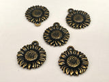 TierraCast Sunflower Drops Antique Brass Charms 17mm Qty 4 to 20 Bronze Sun Flower Pendants Wrap Bracelet Charms Made in US Double Sided