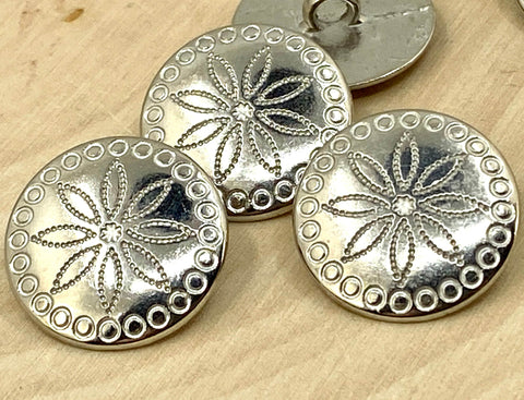 TRIBAL FLOWER Metal Buttons 20mm Bright Silver, Concho Button, Qty 4 to 8, Jewelry Findings, Concha Native American Style Buttons, 3/4”