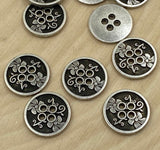 Flower Garden Metal Buttons Antique Silver, Four Hole Button 15mm Qty 4 to 8, 5/8” Sweater, Jewelry Clasp Button, Knitting, Shirt, or Jacekt