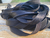 Black Silk Satin Ribbons, Shiny Hand Dyed Silk Wrap Bracelets Qty 5 Strings Handfasting Satin Silk Ties, Bridal Bouquet Trim Elegant Jewelry