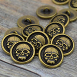 Scary Skull Buttons, Skull Metal Buttons TierraCast Antique Brass 16mm Halloween or Goth Angry Skull Qty 4 Round Shank Back Button