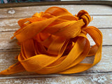 Sunflower Silk Ribbons, Qty 5 Silk Strings Hand Dyed Sewn Deep Gold Orange Silk Wraps, Jewelry Bridal Flower Bouquet Trim, Embroidery Ribbon