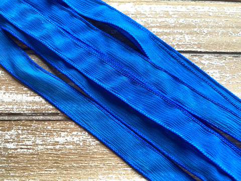 Royal Blue Silk Ribbons, Crinkle Silk Ribbon Hand Dyed Qty 5 Rich Deep Blue, Craft Ribbons, Jewelry Making Ribbon for Silk Wraps