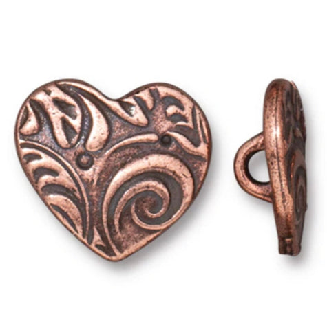 TierraCast AMOR HEART Metal Buttons 14mm / Antique Copper Button Qty 4 to 20 / Shank Back / Swirly Heart Leather Wraps