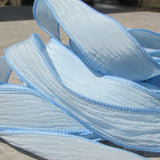 Ice Blue Silk Ribbons, Crinkle Silk Ribbon, Qty 5 Strings Hand Dyed Pasterl Sky or Powder Blue, Jewelry Making Craft Ribbon