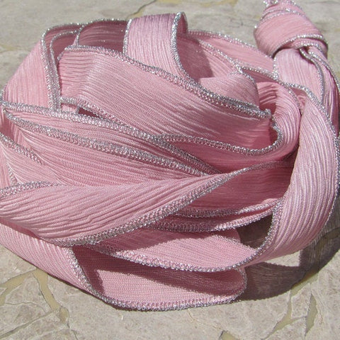 Pink Petals Hand Dyed Silk Ribbons, Crinkle Silk Ribbons with Metallic Edges, Qty 5 Silk Strings Old Rose Wrap Bracelets or Craft Ribbon