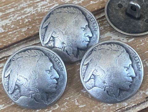 Indian Head Metal Buttons 1” Antique Silver Button Qty 4 to 12 / Round Reproduction Shank Back Buttons Native American Head Nickel 25mm