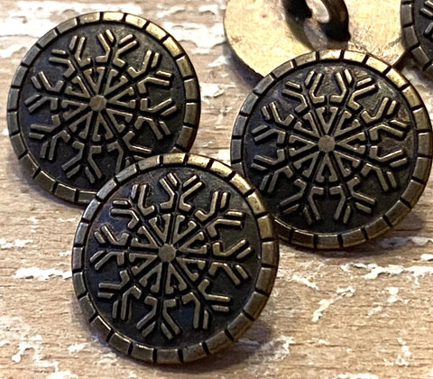 Snowflake Metal Buttons 5/8" Antique Brass / Bonze Snowflakes Button / Qty 4 to 8 / 15mm Snow Flake Clothing or Leather Wrap Clasps