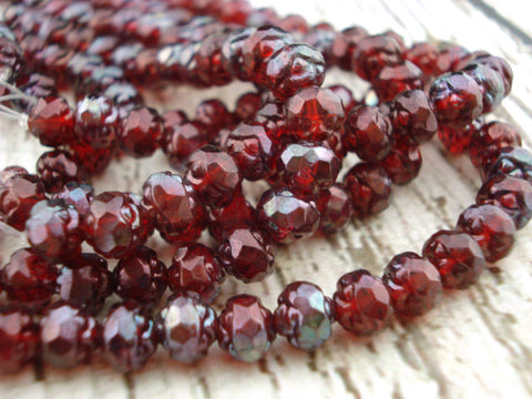 Siam Ruby Vega Rose Bud Beads, Small Rosebud Czech Glass Beads 5x6mm Qty 25 Deep Red Flower Beads
